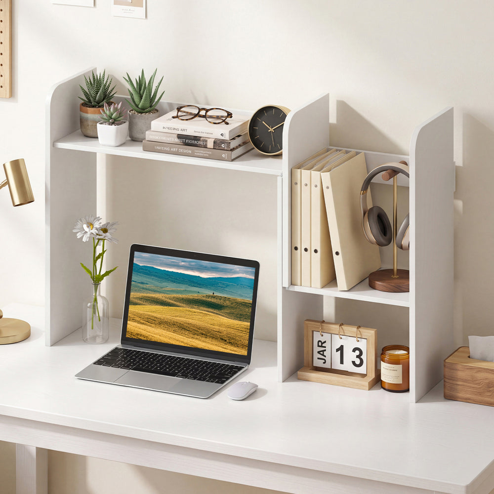 Expandable desk bookshelf in white features open cubes and a top shelf for organized storage and display.