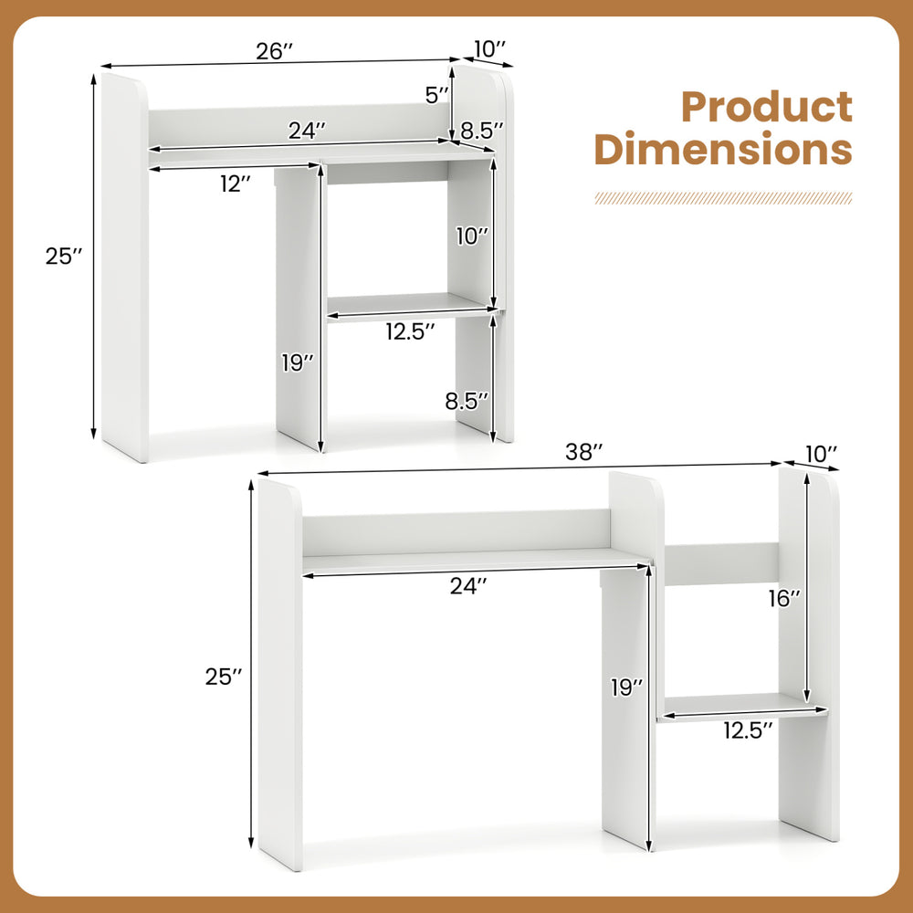 Expandable desk bookshelf in white features open cubes and a desktop display rack, ideal for organized storage and stability.