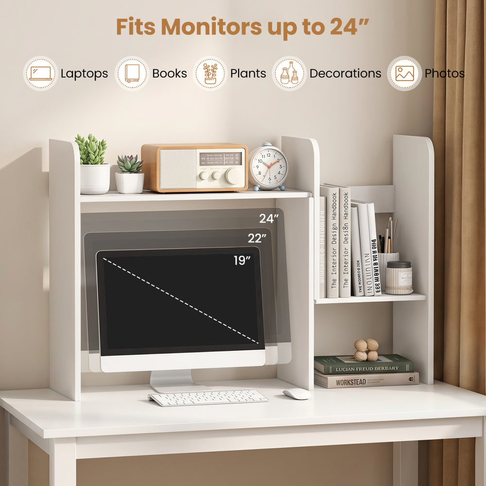 Expandable desk bookshelf in white with open cubes, fitting monitors up to 24 inches for organized storage and display.
