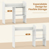 Expandable desk bookshelf in white features open cubes for storage and fits monitors up to 24 inches, ideal for organized display.