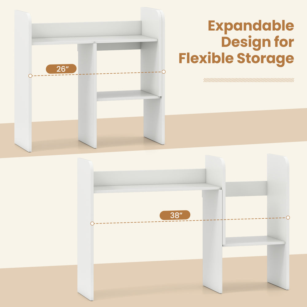 Expandable desk bookshelf in white features open cubes for storage and fits monitors up to 24 inches, ideal for organized display.