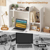 Expandable white desk bookshelf with open cubes for organized storage and monitor display, enhancing desktop space.