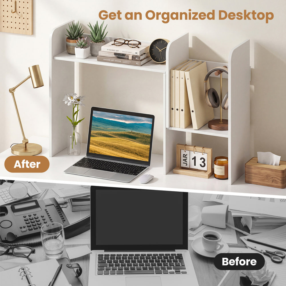 Expandable white desk bookshelf with open cubes for organized storage and monitor display, enhancing desktop space.