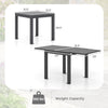 Expandable patio dining table in grey, showing dimensions and weight capacity, seats 4-6 for indoor or outdoor use.