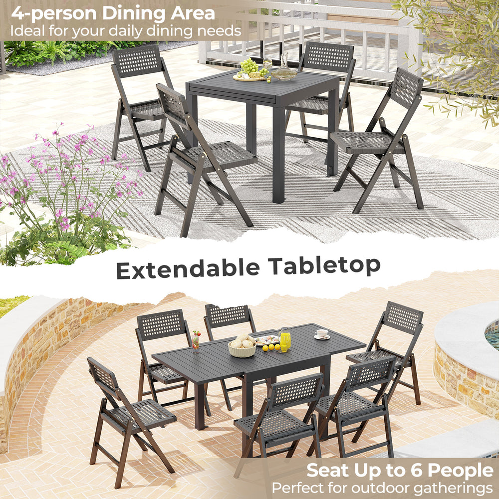 Expandable patio dining table in grey, seats 4-6, crafted from lightweight aluminum for indoor and outdoor use.