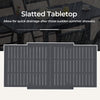 Expandable patio dining table with slatted grey tabletop for quick drainage, seating 4-6 people for gatherings.