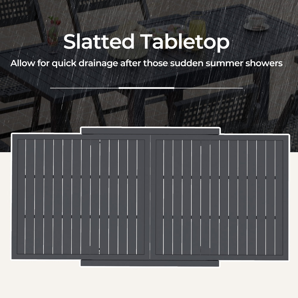 Expandable patio dining table with slatted grey tabletop for quick drainage, seating 4-6 people for gatherings.
