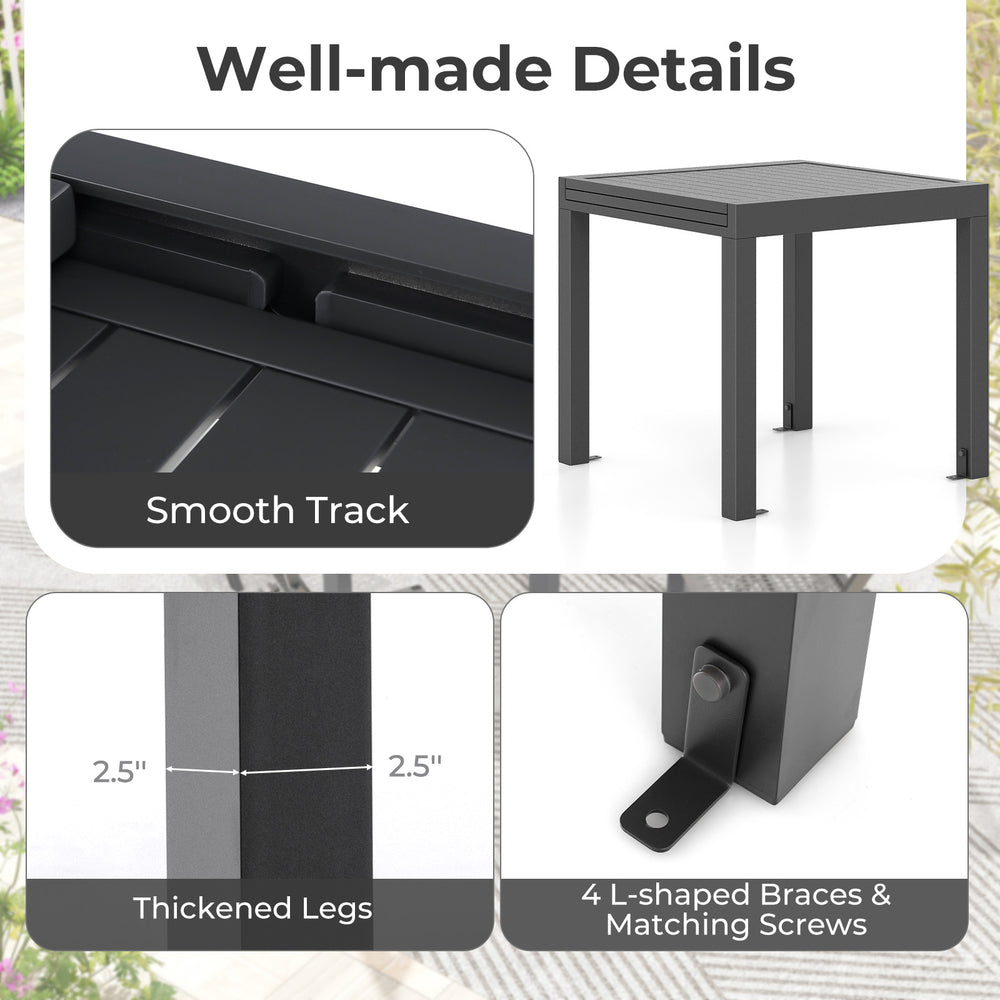 Close-up of the expandable patio dining table's smooth track and thickened legs, crafted from rustproof aluminum.