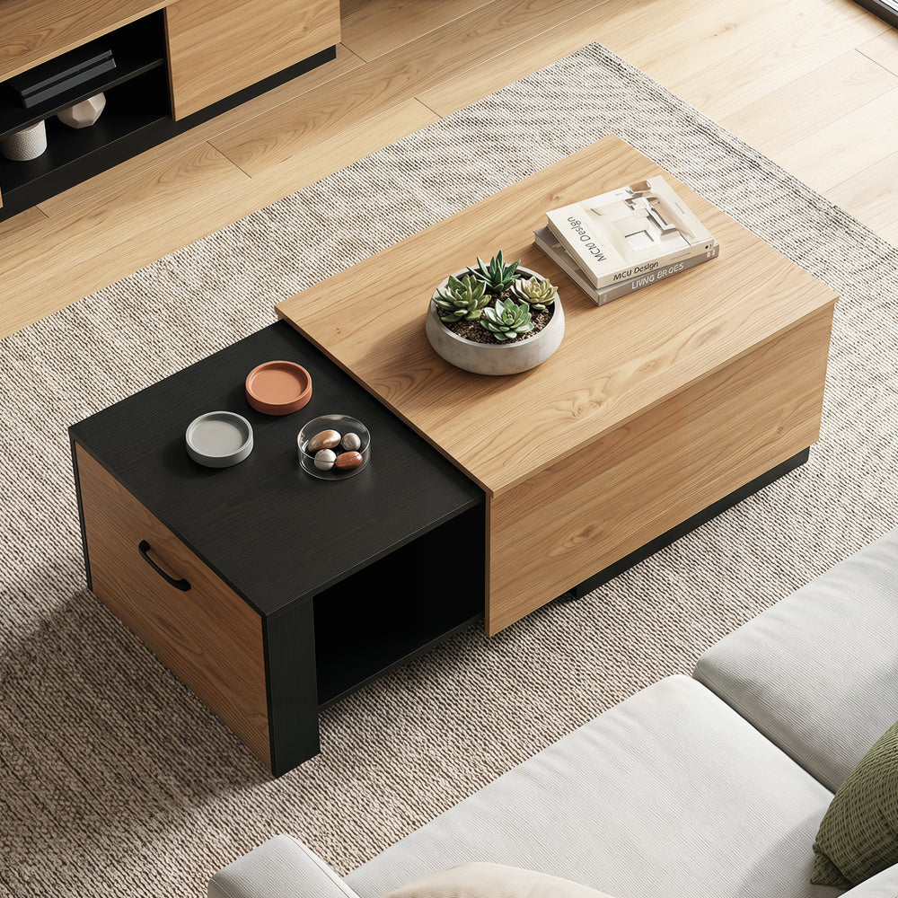 Extendable coffee table in natural finish features concealed storage, ample space for decor, and a sleek design for modern living.