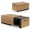 Extendable coffee table in natural finish with concealed storage compartment and convenient handle for easy use.