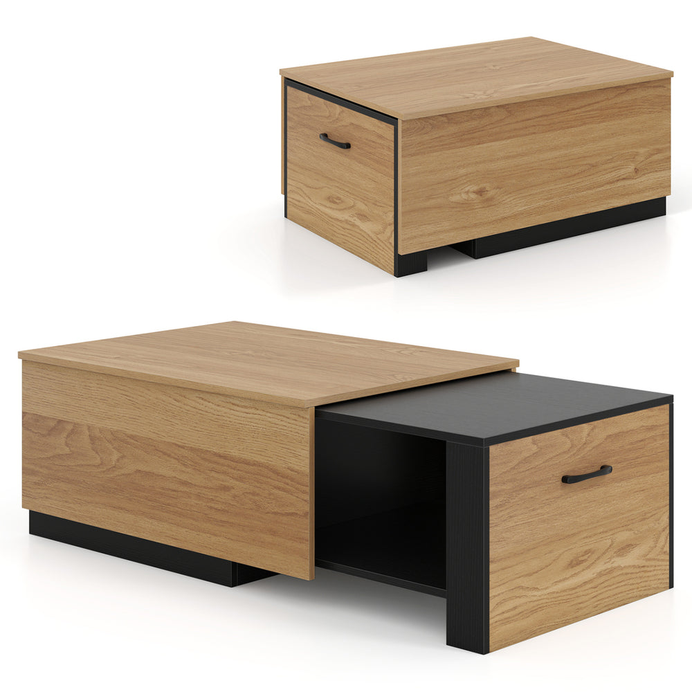 Extendable coffee table in natural finish with concealed storage compartment and convenient handle for easy use.