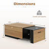 Extendable coffee table with concealed storage compartment in natural finish, featuring dimensions of 43.5" x 27" x 14.5".