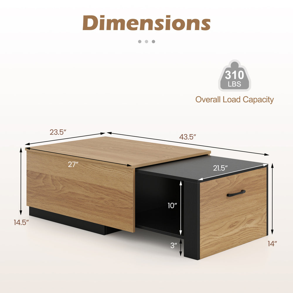 Extendable coffee table with concealed storage compartment in natural finish, featuring dimensions of 43.5" x 27" x 14.5".