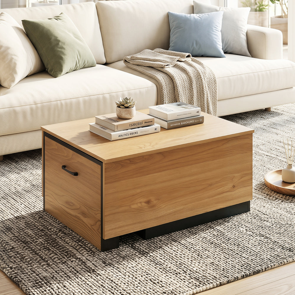 Extendable coffee table in natural finish features concealed storage, convenient handle, and ample space for decor and essentials.
