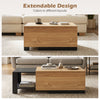 Extendable coffee table in natural finish features concealed storage and a modern design for versatile layouts and organization.