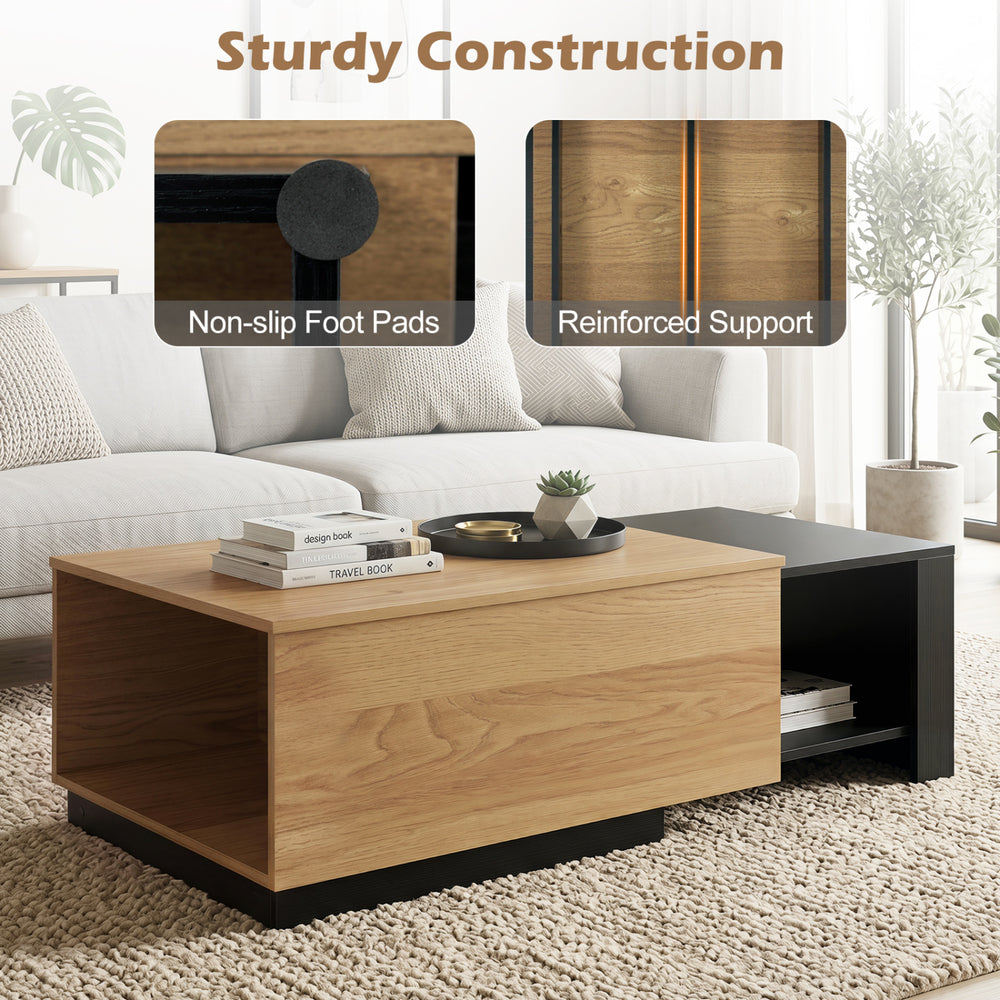 Extendable coffee table in natural finish features concealed storage, non-slip foot pads, and reinforced support for stability.