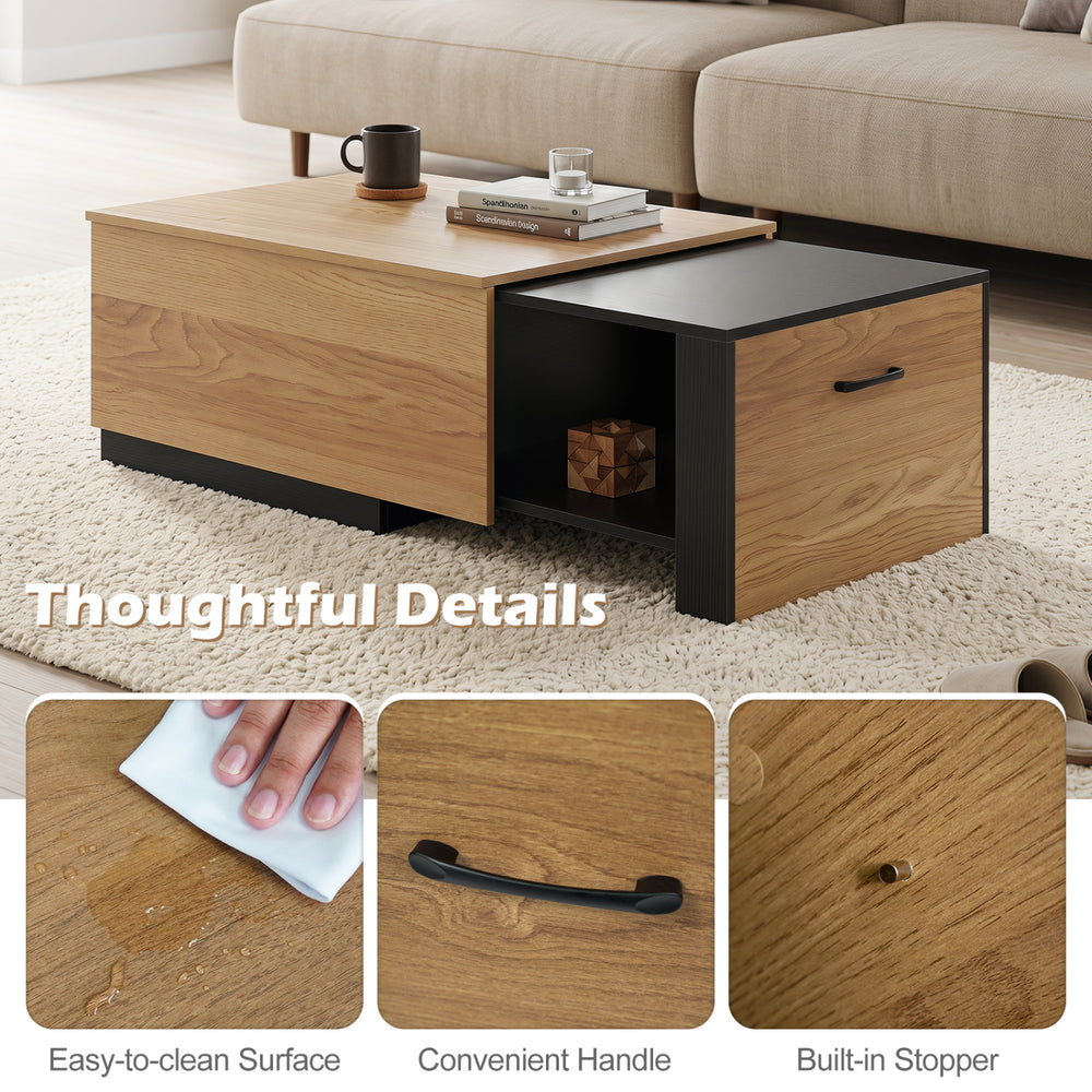 Extendable coffee table in natural finish features a concealed storage compartment and easy-to-clean surface for convenience.