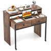 Extendable computer desk in rustic brown with two storage drawers and a monitor shelf, ideal for home office use.
