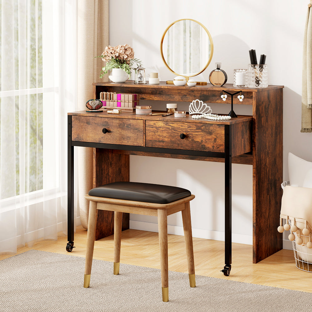 Rustic brown extendable computer desk with two storage drawers and a monitor shelf, ideal for home office or vanity use.