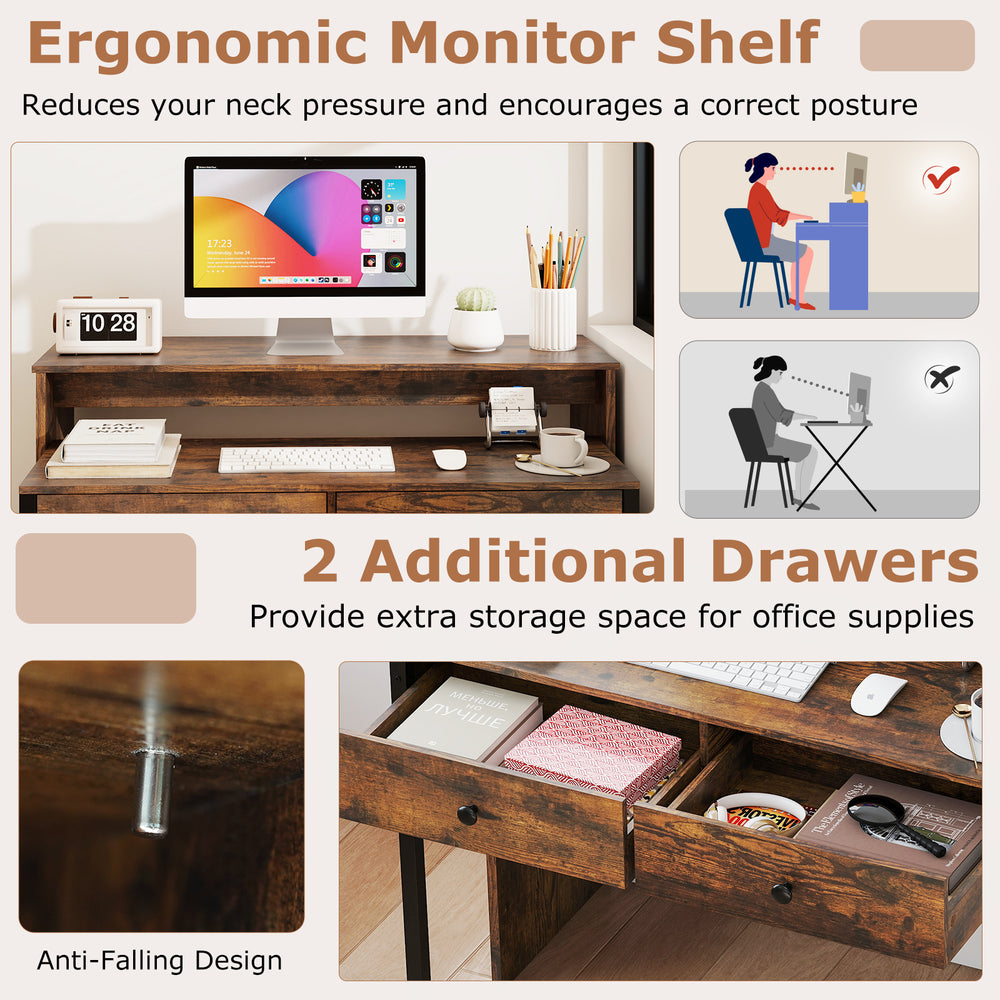 Extendable computer desk in rustic brown with ergonomic monitor shelf and two storage drawers for home office use.