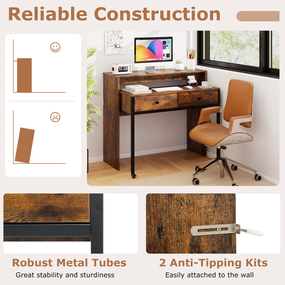 Extendable computer desk in rustic brown with two storage drawers and robust metal tubes for stability, ideal for home.