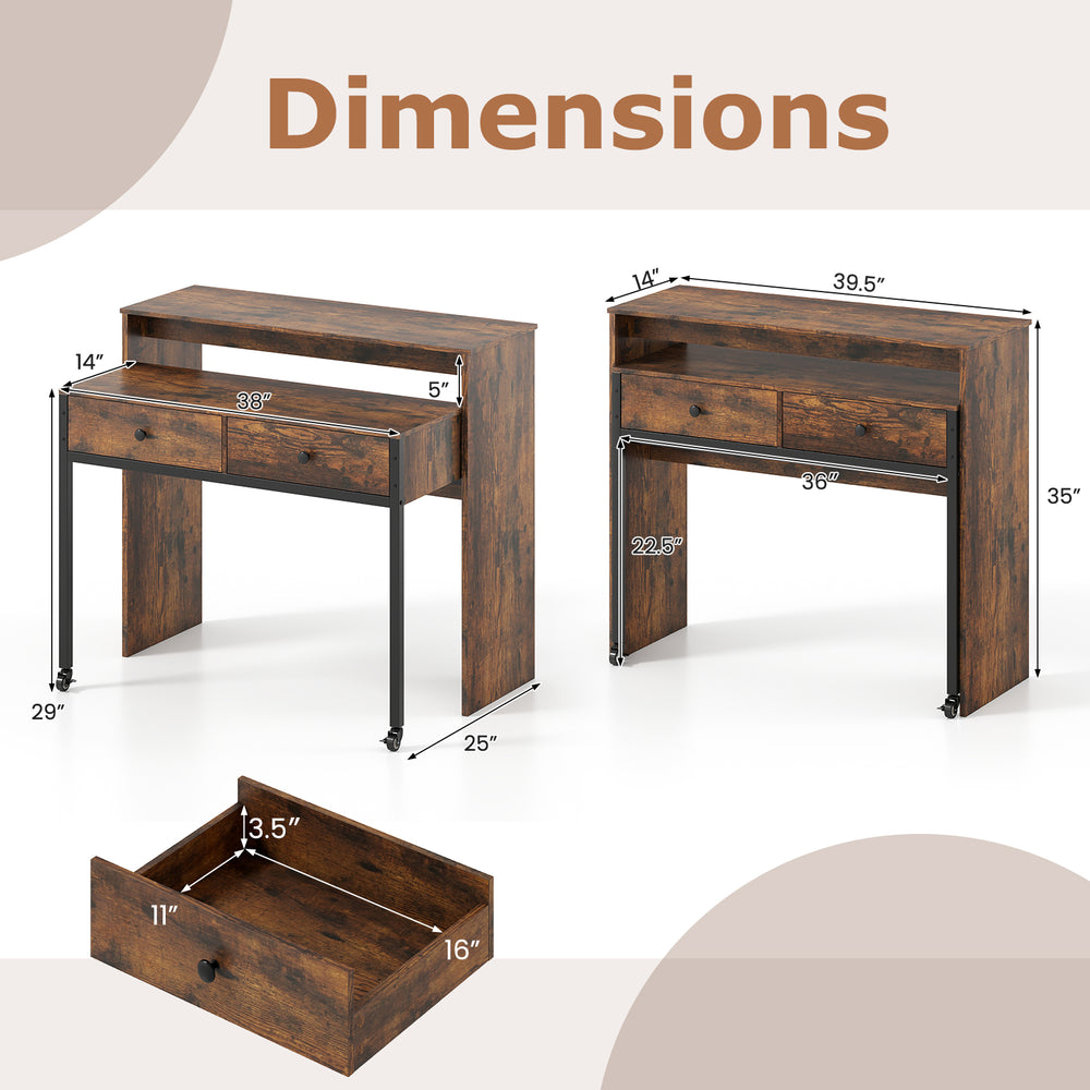 Dimensions of the extendable computer desk in rustic brown with two storage drawers and rolling wheels for versatile.