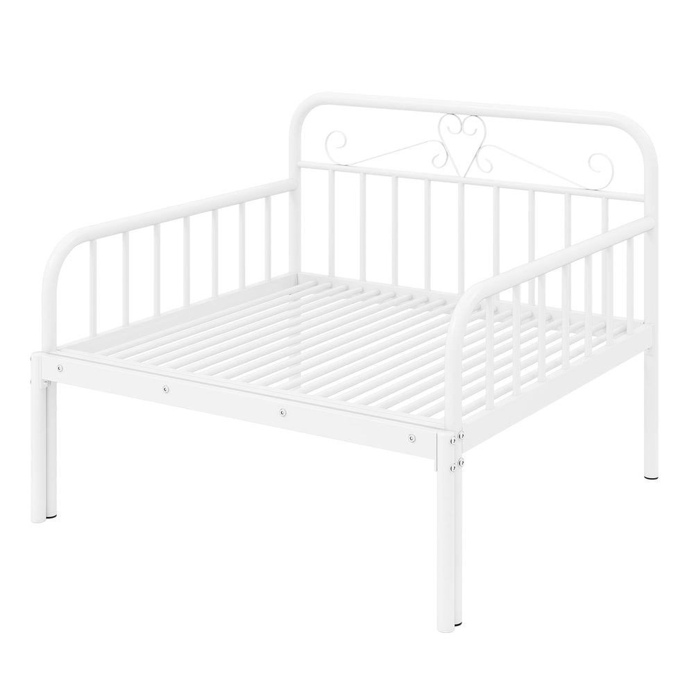 White metal daybed with guardrails and armrests, suitable for twin size sleeping and stylish home decor.