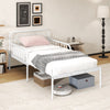 Extendable metal daybed in white with guardrails and armrests, perfect for guests and under-bed storage.