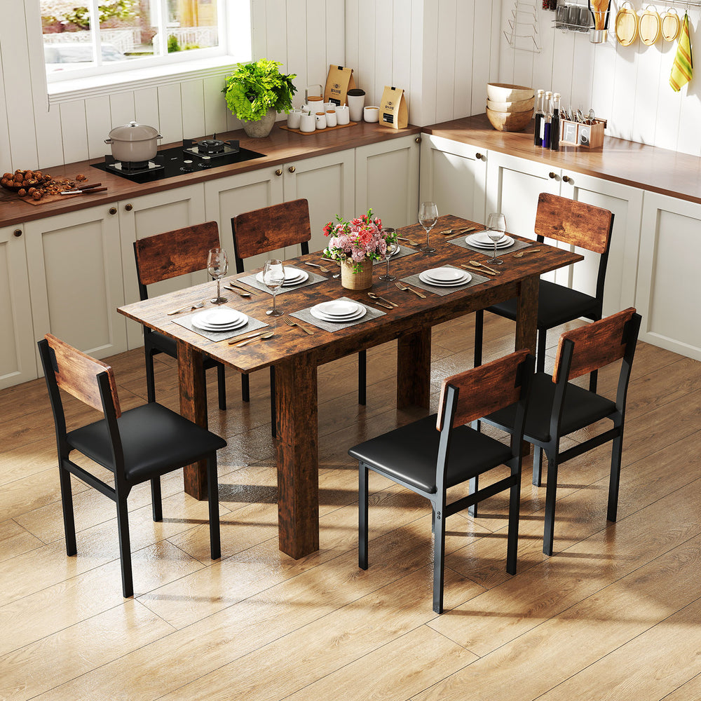Extendable dining table in rustic brown, seating 4-8, with thick legs and waterproof surface, perfect for gatherings.