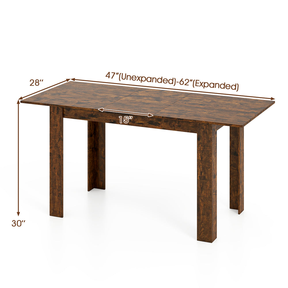 Extendable dining table in rustic brown, measuring 47"-62", designed for 4-8 people, perfect for versatile dining needs.