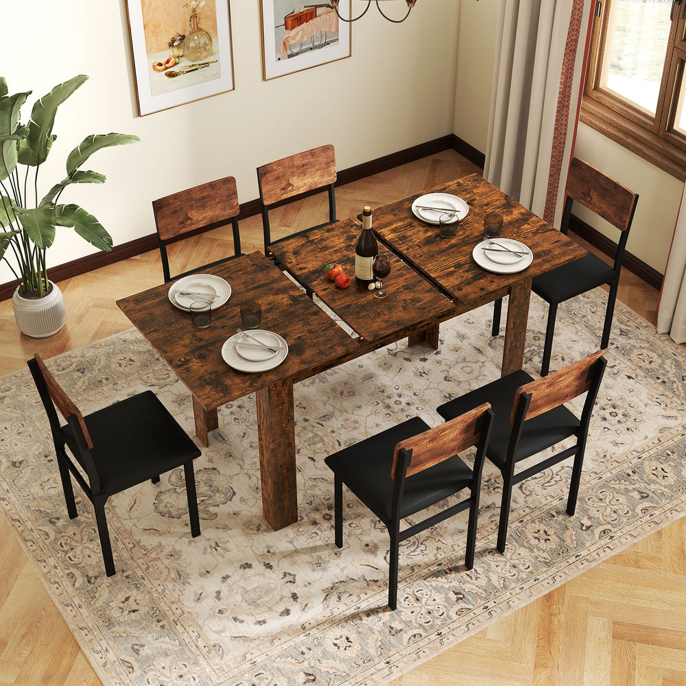 Rustic brown extendable dining table for 4-8 people, featuring a large rectangular design and sturdy L-shaped legs.