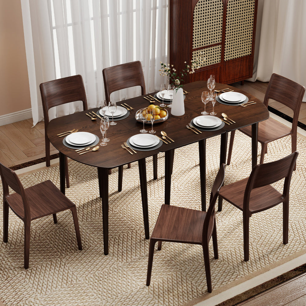 Extendable dining table set featuring walnut finish with 2 half-round and 1 rectangular table, perfect for hosting.
