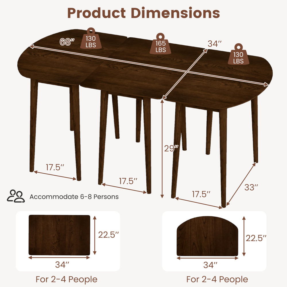 Extendable dining table set featuring 2 half-round and 1 rectangular table in walnut, accommodating 6-8 persons.