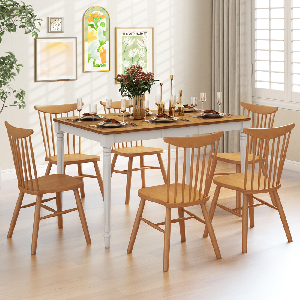 Extendable dining table with rubber wood legs, set for 8, featuring oak veneer and elegant turned legs for versatile.