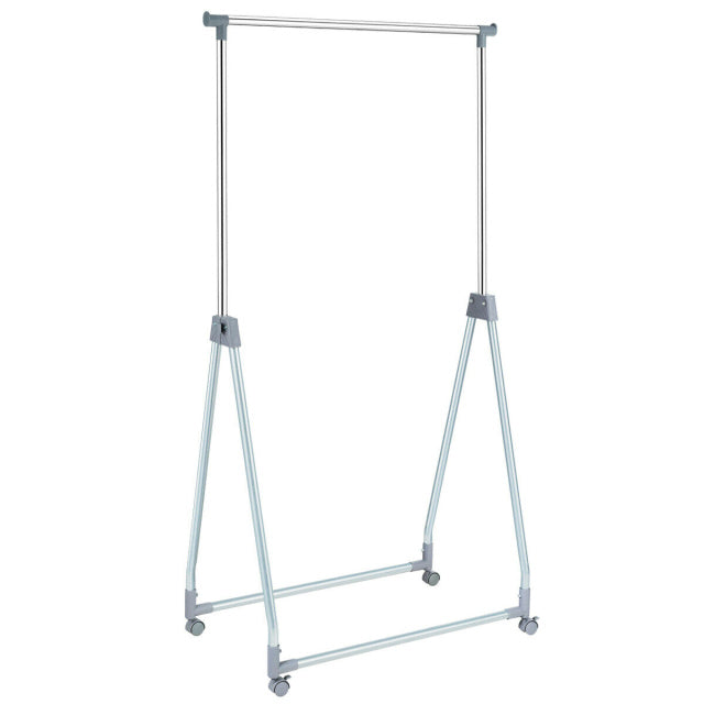 Heavy-duty clothing coat rack stand with a foldable design, adjustable height, and a stable triangular base for.