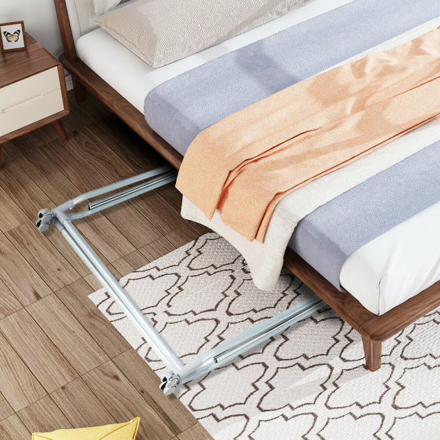 Extendable foldable heavy-duty clothing rack with adjustable height and wheels for easy mobility and stability.