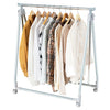 Heavy-duty foldable clothing rack with adjustable height, featuring a stable triangular base and wheels for easy.