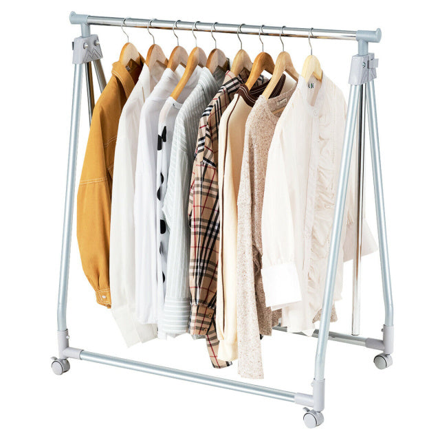Heavy-duty foldable clothing rack with adjustable height, featuring a stable triangular base and wheels for easy.