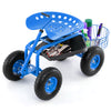 Blue extendable handle garden cart with ergonomic seat, tool tray, and storage basket, ideal for outdoor use.