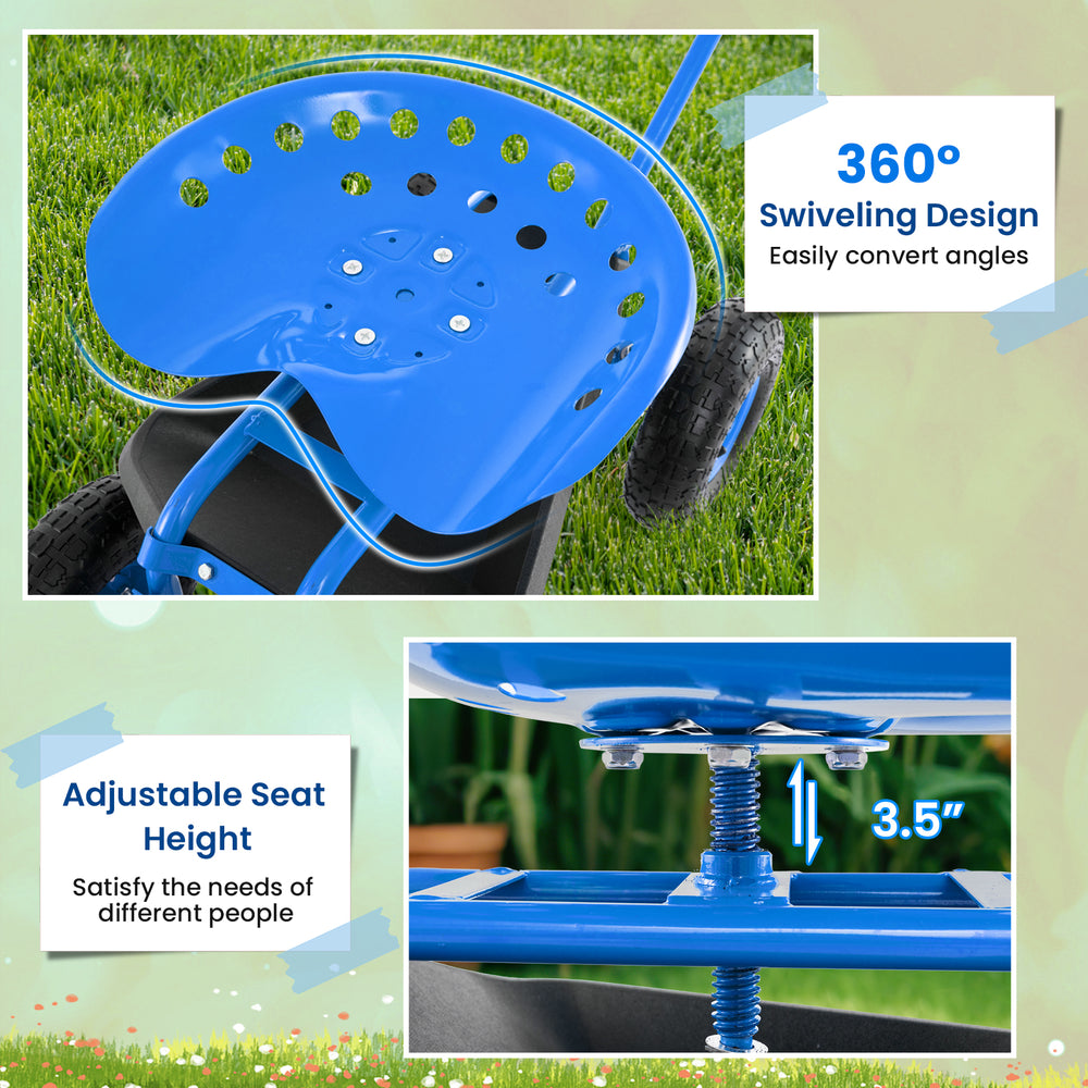 Blue garden cart scooter with adjustable seat height and 360° swivel design for versatile outdoor use.