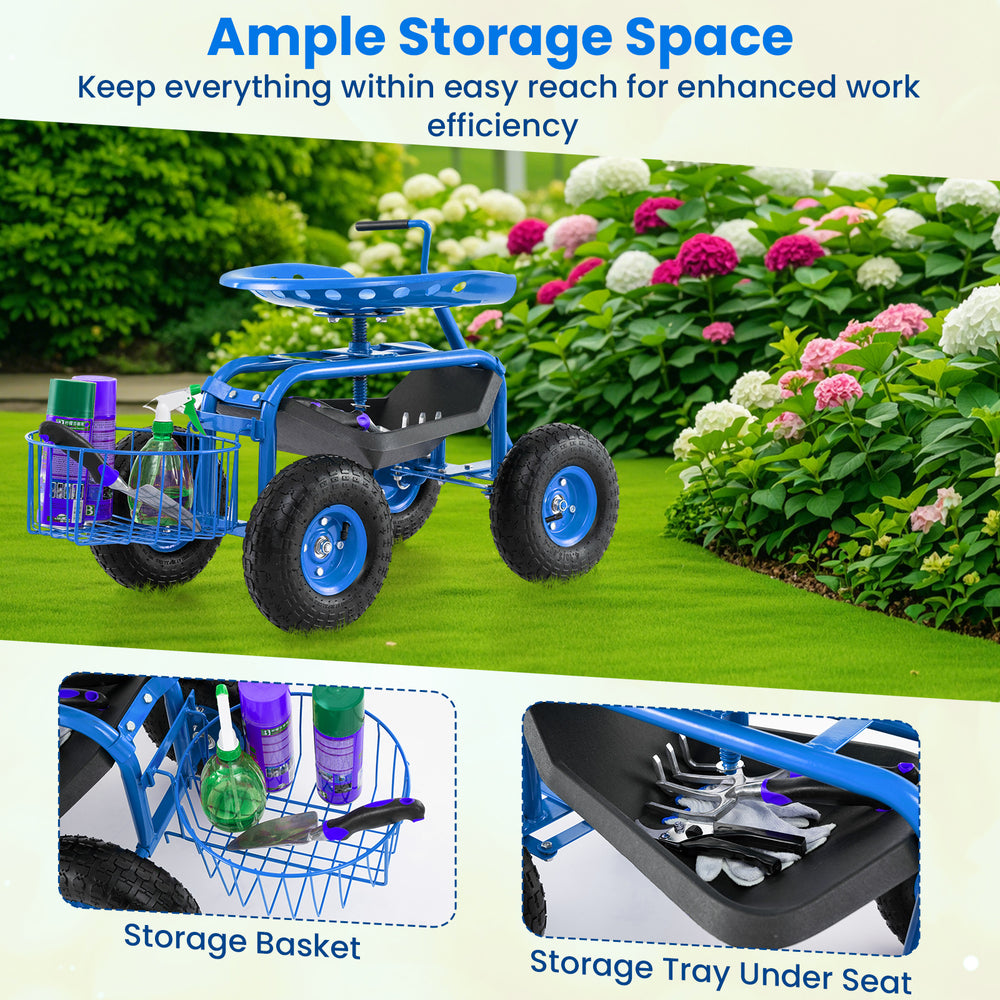 Blue extendable handle garden cart with storage basket and tool tray, designed for comfort and convenience in outdoor.