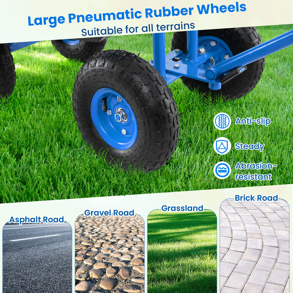 Large pneumatic rubber wheels of the blue garden cart, designed for all terrains with anti-slip and abrasion-resistant.