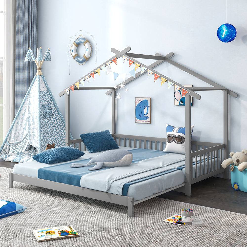 Extendable House Bed Twin to King Daybed with Roof and Fence Rails-Gray - Gallery View 1 of 10