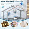 Whimsical gray house bed with roof and fence rails, designed for twin to king size, perfect for kids' dreamy sleeping.