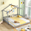 Gray extendable house bed with roof and fence rails, designed for twin to king size, perfect for kids' rooms.