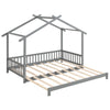 House-shaped extendable bed frame in gray, designed for twin to king size use, featuring sturdy plywood slats and.
