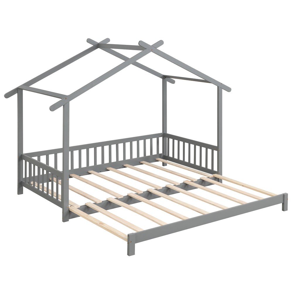 House-shaped extendable bed frame in gray, designed for twin to king size use, featuring sturdy plywood slats and.