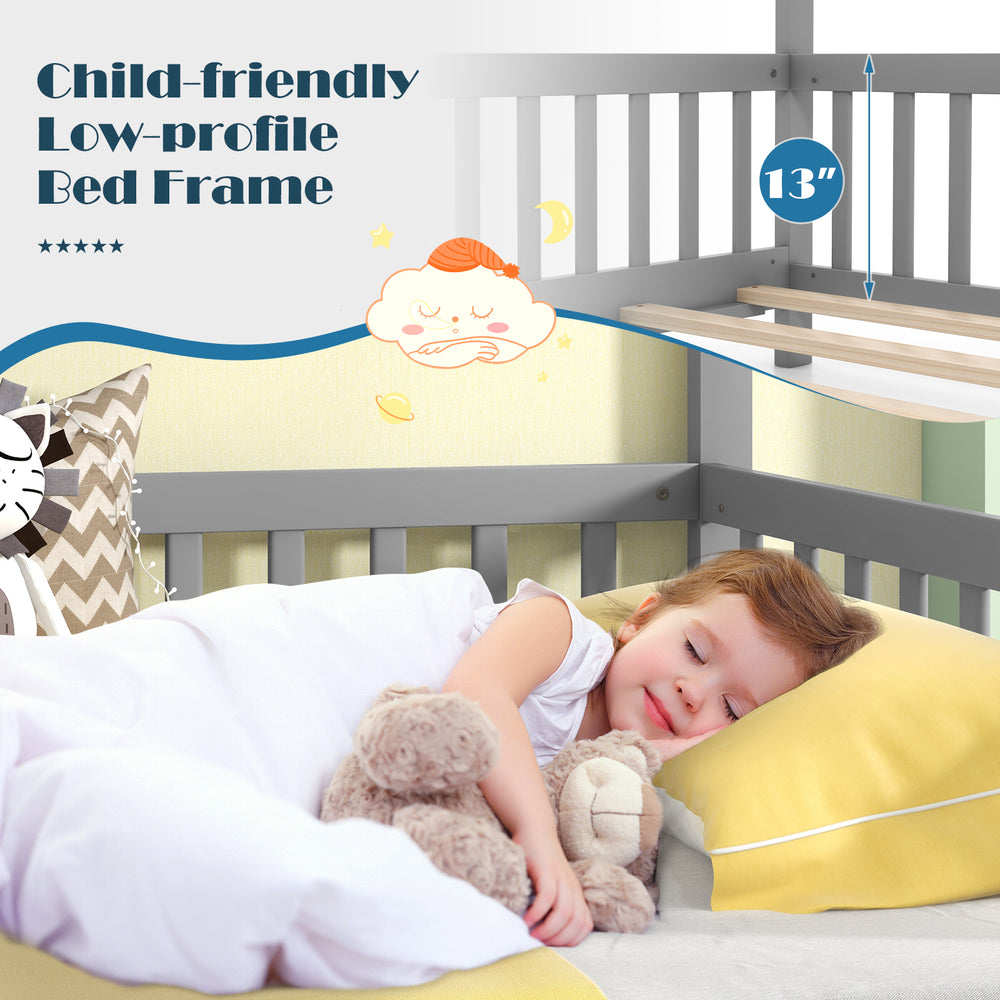 Child-friendly low-profile bed frame in gray, designed as a whimsical house shape for twin to king size use.