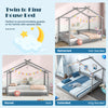 Twin to king extendable house bed in gray with roof and fence rails, perfect for kids' rooms and accommodating guests.