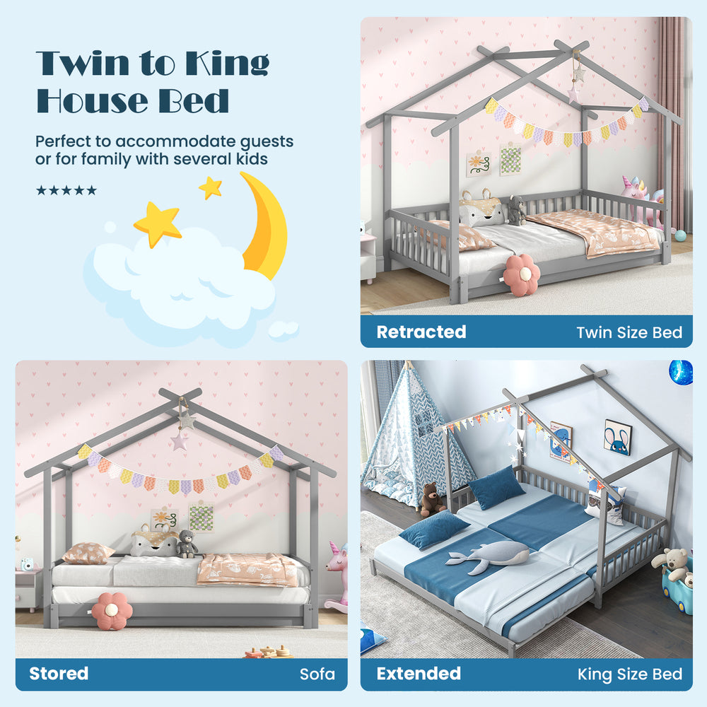 Twin to king extendable house bed in gray with roof and fence rails, perfect for kids' rooms and accommodating guests.